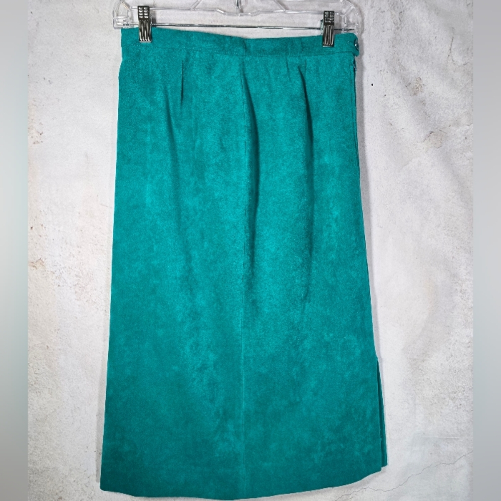 Small Vintage Teal Ultrasuede Midi Pencil Skirt Side Zip Walking Slit Lined EUC